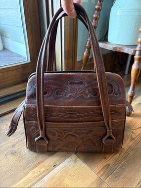 Vintage Mexican Tooled Brown Leather Satchel Handbag